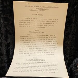 ELVIS : COPY of the Last Will and Testament of Elvis A Presley, Deceased